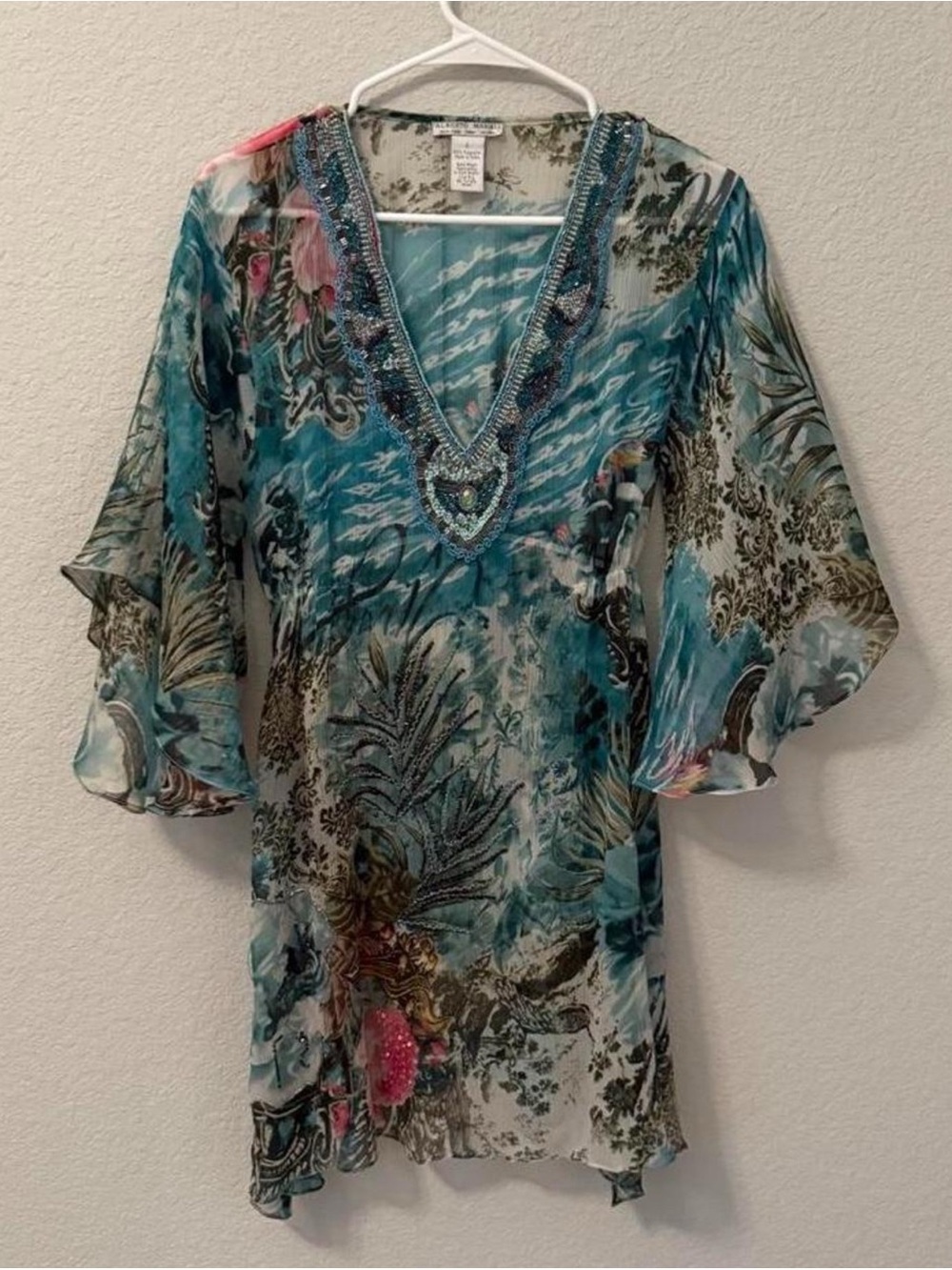Y2K Alberto Makali Embellished Teal Sheer Top